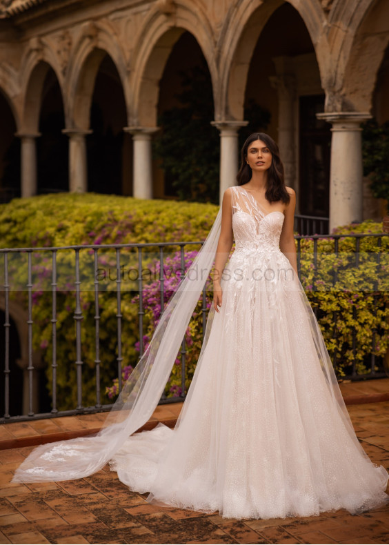 One Shoulder Beaded Ivory Lace Tulle Sparkly Wedding Dress